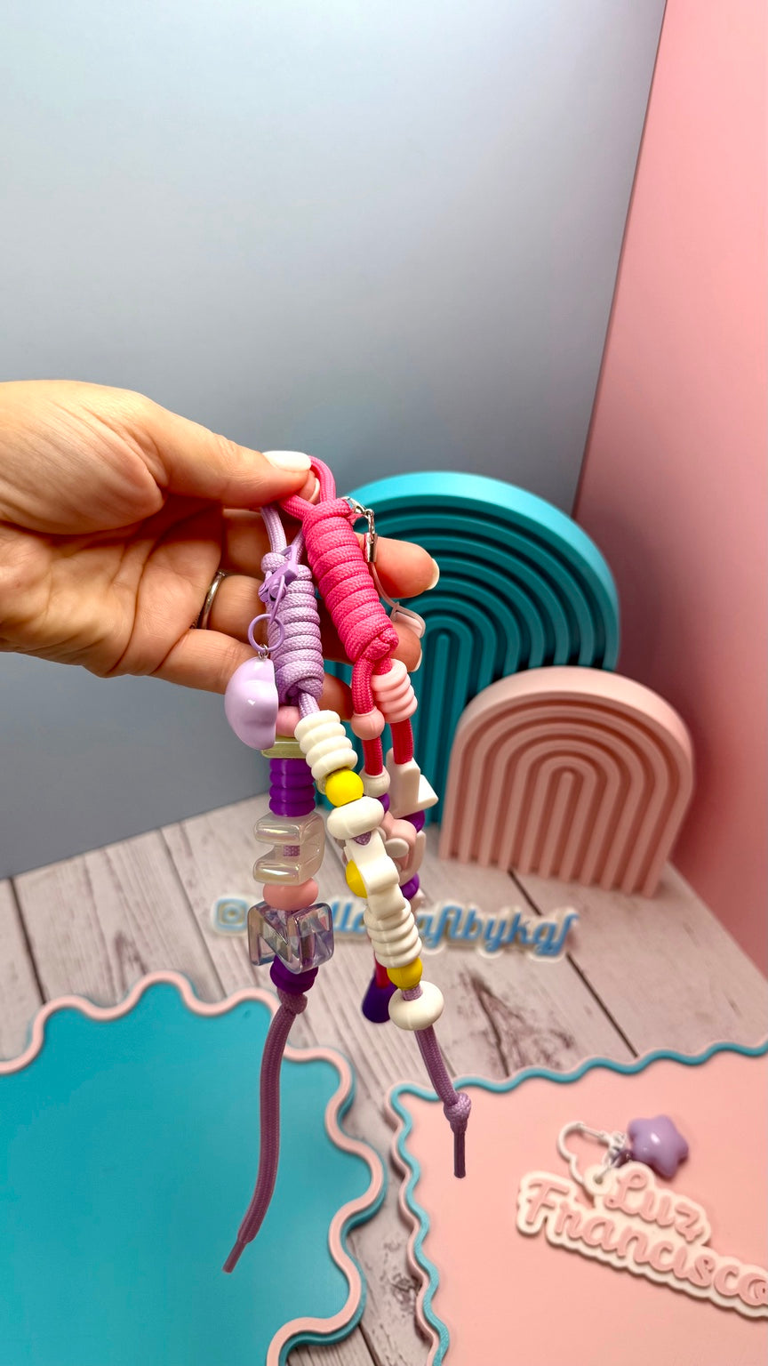 Purple personalized name bag charm with beads