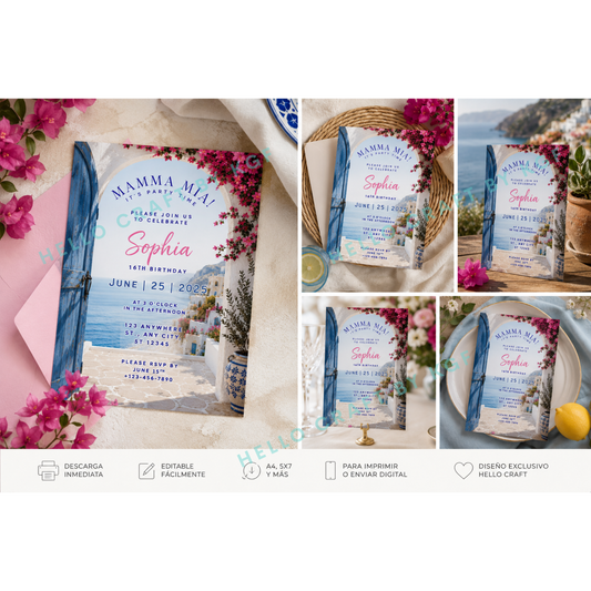 Mediterranean Birthday Invitation | European Summer Party Invite | Santorini Inspired Birthday | Blue & White Invitation | Editable Template