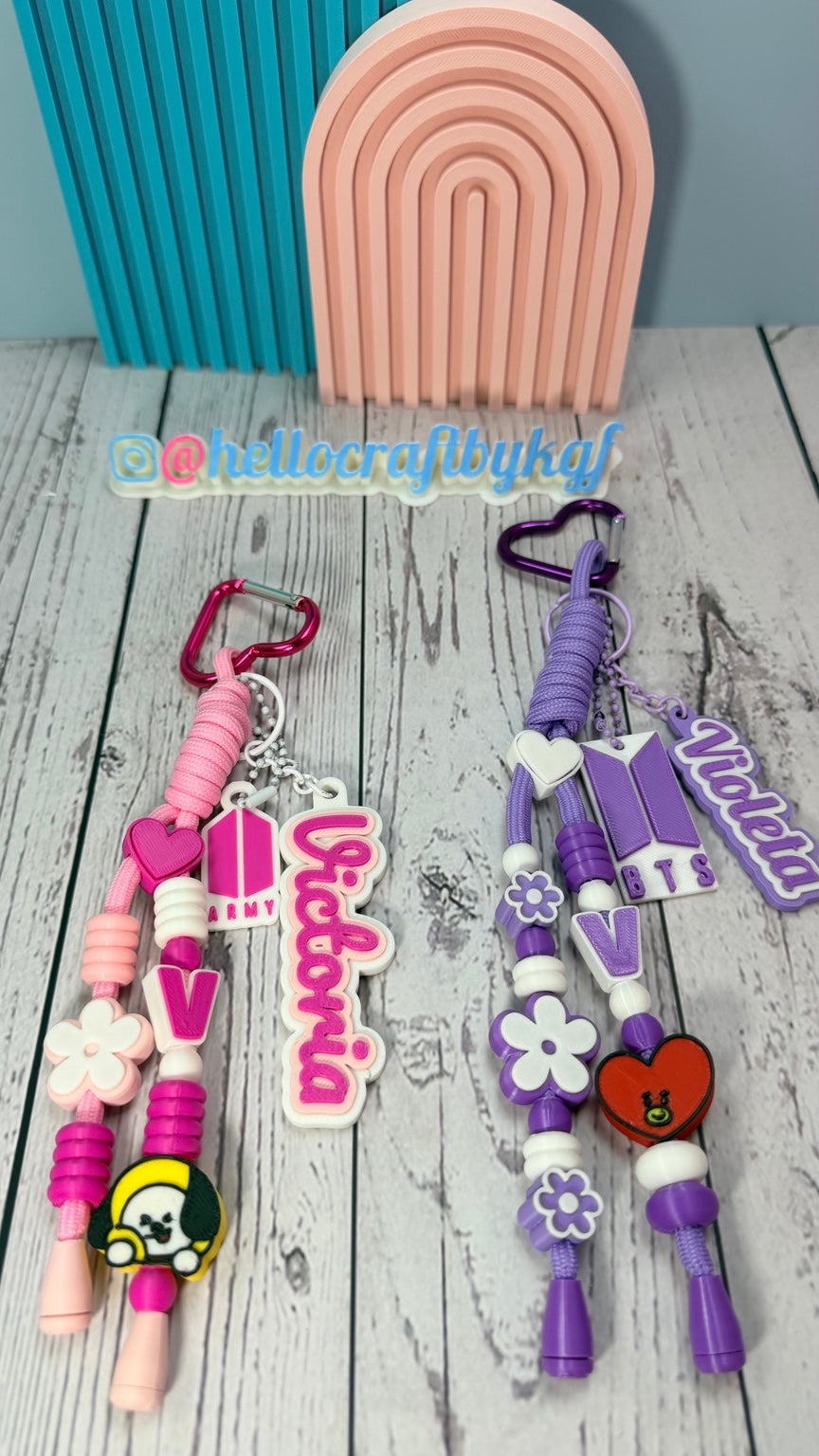 Personalized pink and purple beaded wristlet keychains with custom name charms
