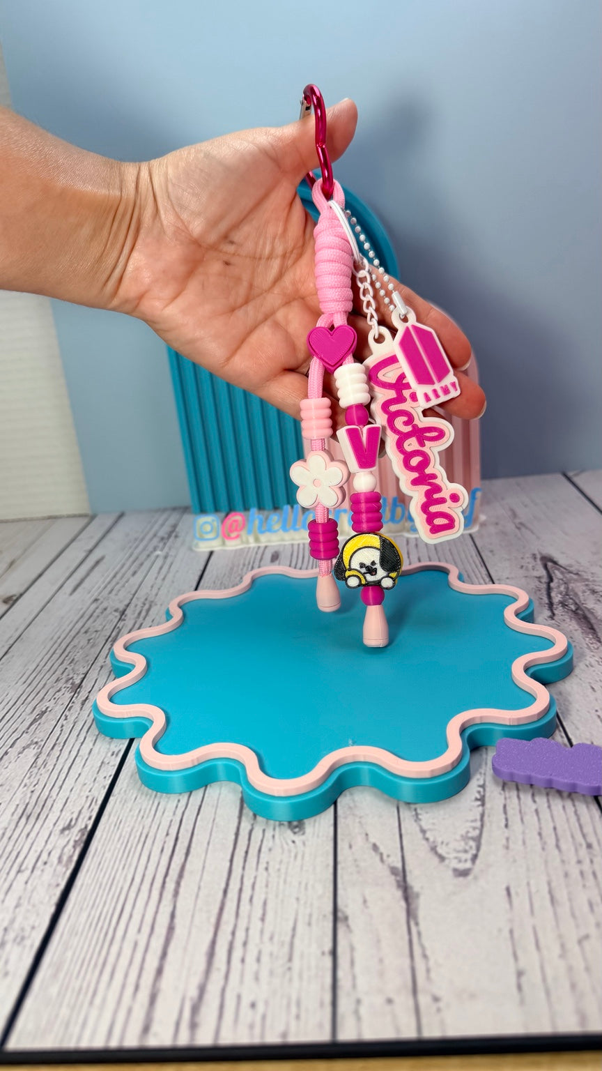 Pink personalized beaded wristlet keychain with custom name charm and decorative beads