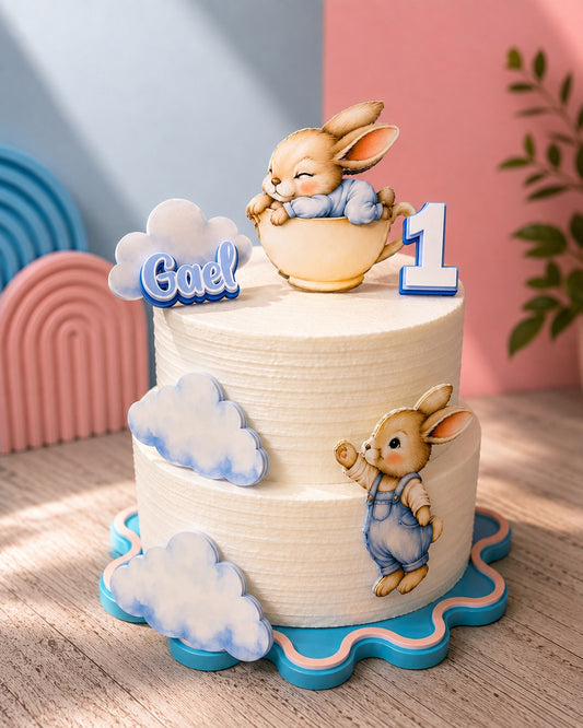 Personalized bunny first birthday cake decorations with name, age, clouds and rabbit characters