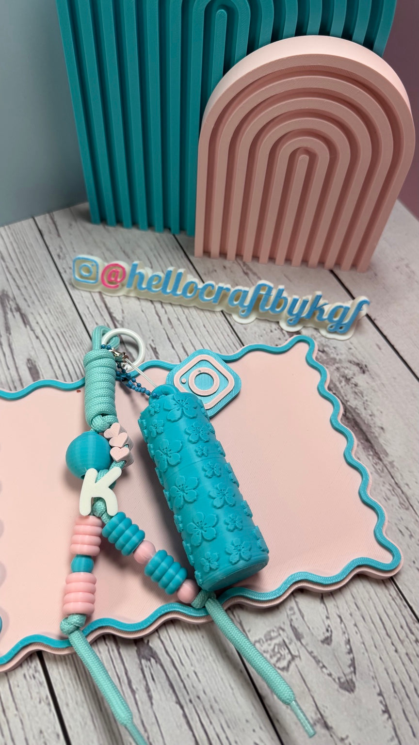 Personalized pink and turquoise wristlet keychain with NFC charm by Hello Craft by KGF