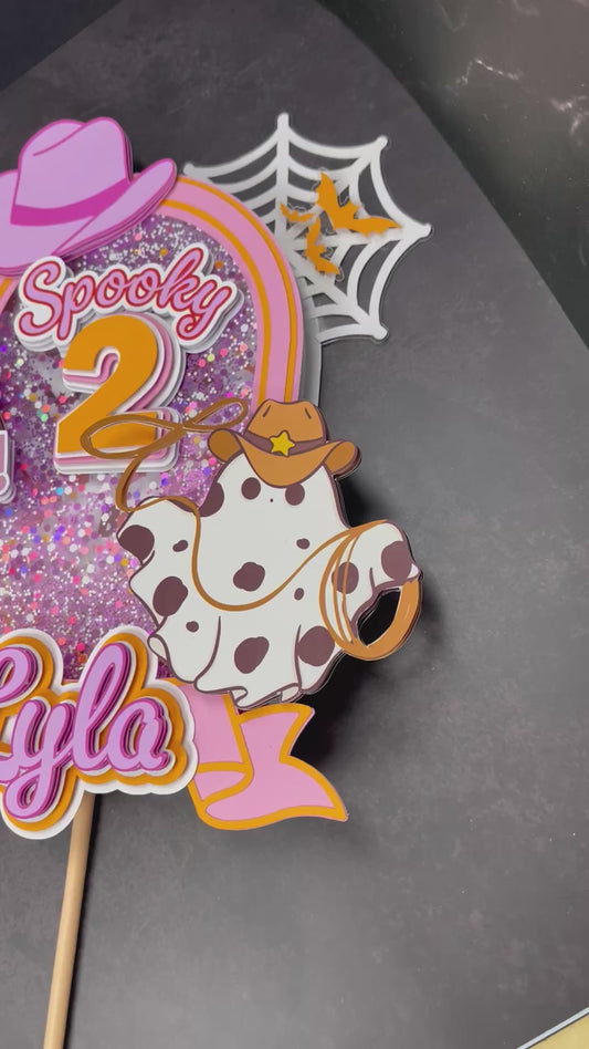 Spooky Cowgirl Birthday Cake Topper – Halloween Cowgirl Party Decor, Pink Western Birthday Topper, Personalized Name Cake Decoration