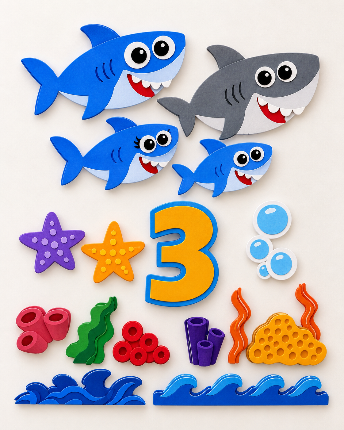 Shark cake decoration set with sharks, waves, coral, starfish, bubbles and age number