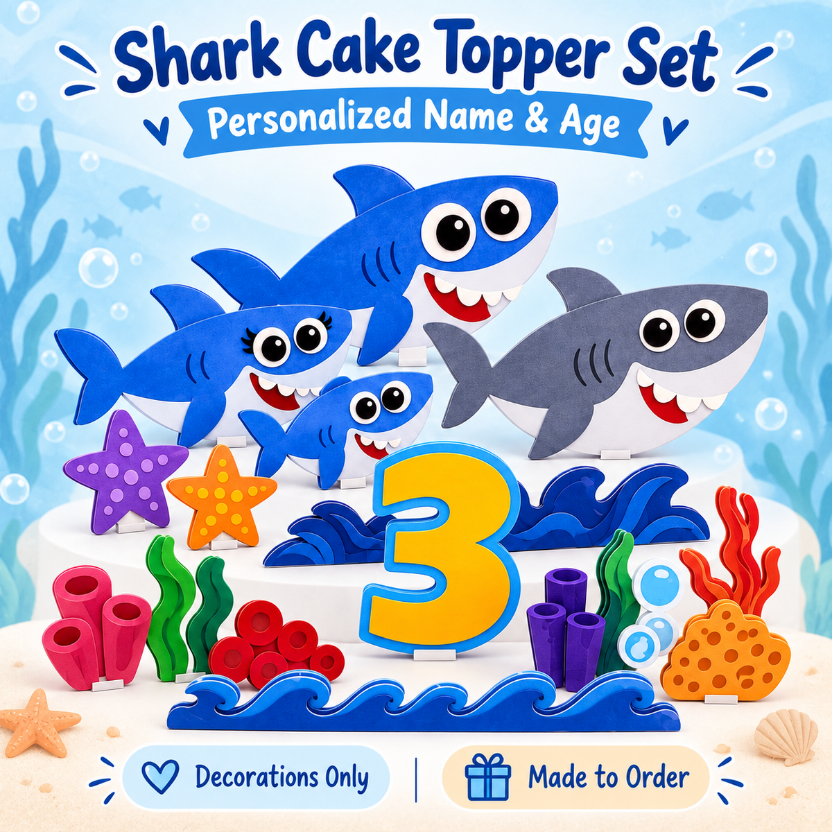 Shark cake topper set personalized with name and age for ocean birthday party