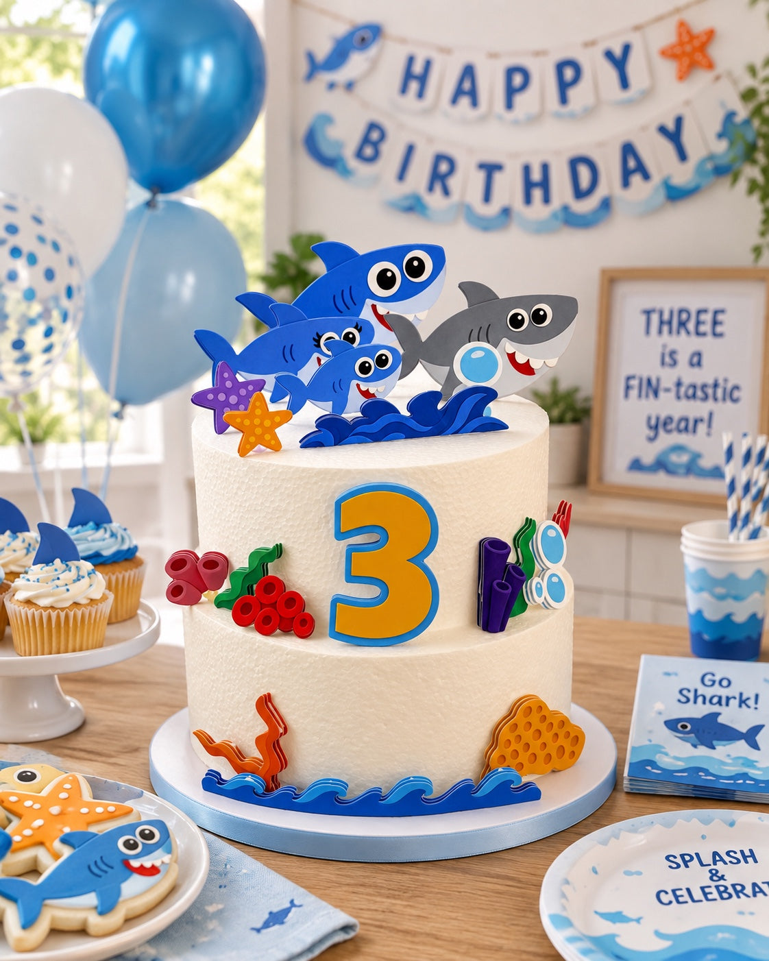 Shark birthday cake decorated with personalized shark cake decorations and number 3