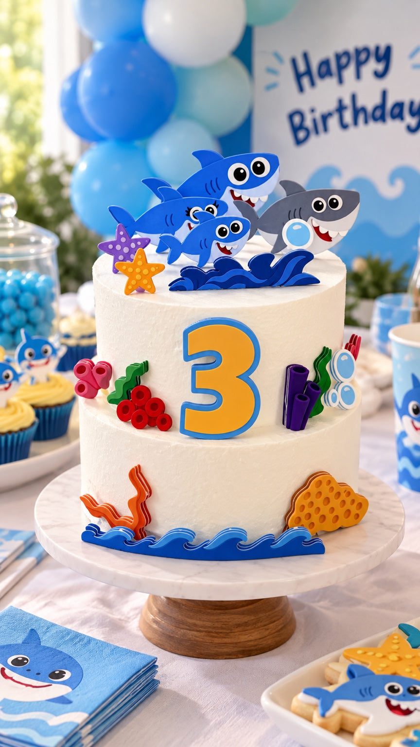 Personalized shark birthday cake with shark cake decorations and age 3