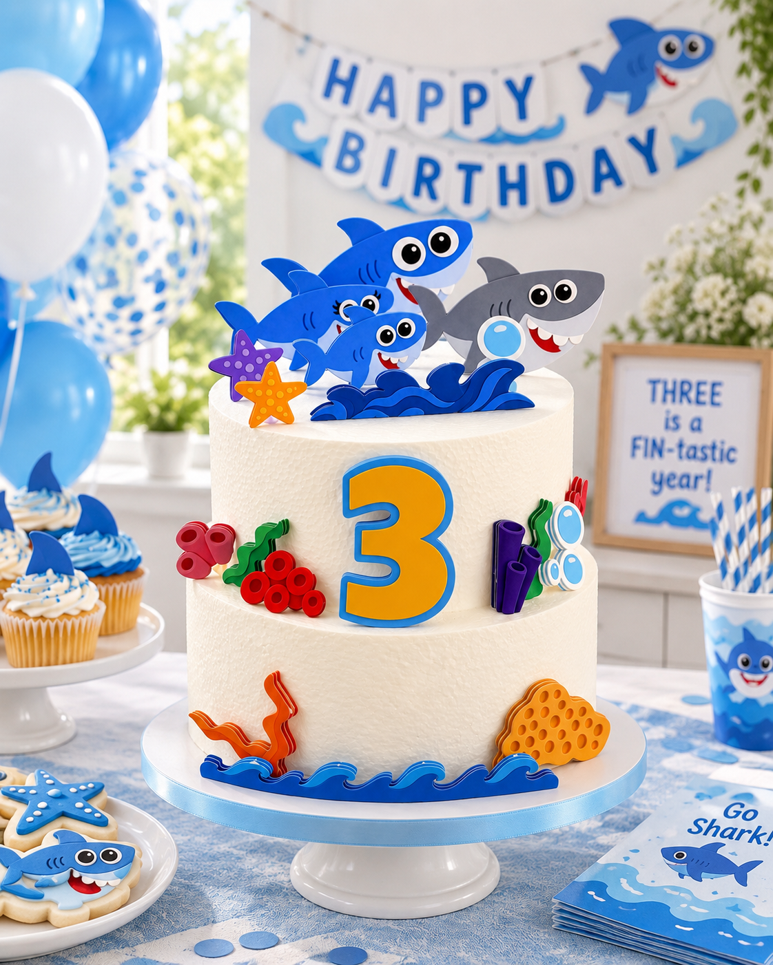 Shark birthday cake decorations set displayed on a number 3 birthday cake