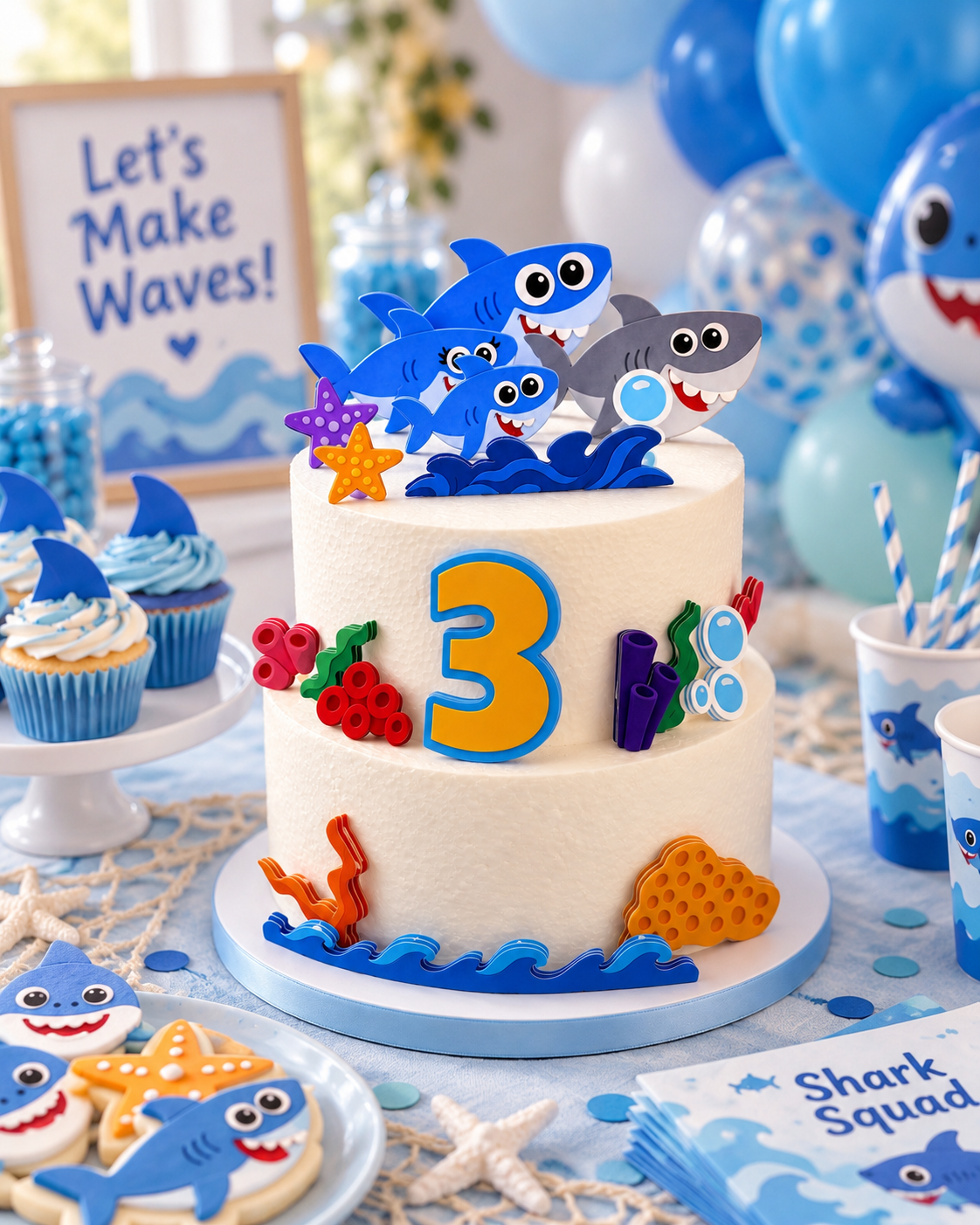 Ocean shark birthday cake with personalized shark decorations and waves