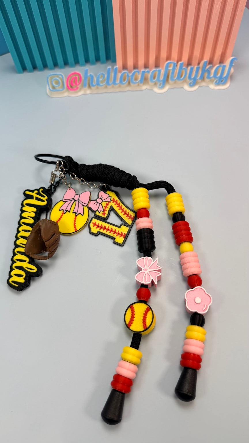 Personalized softball backpack tag with beads charms name Amanda and number 17