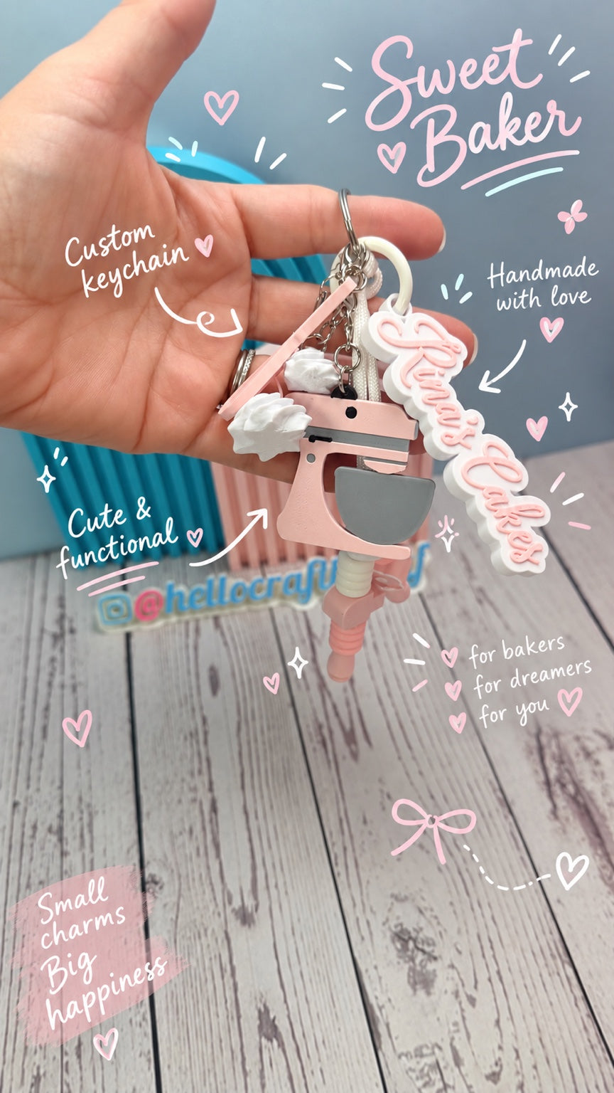 Sweet Baker keychain photo with pastel handwritten doodle notes