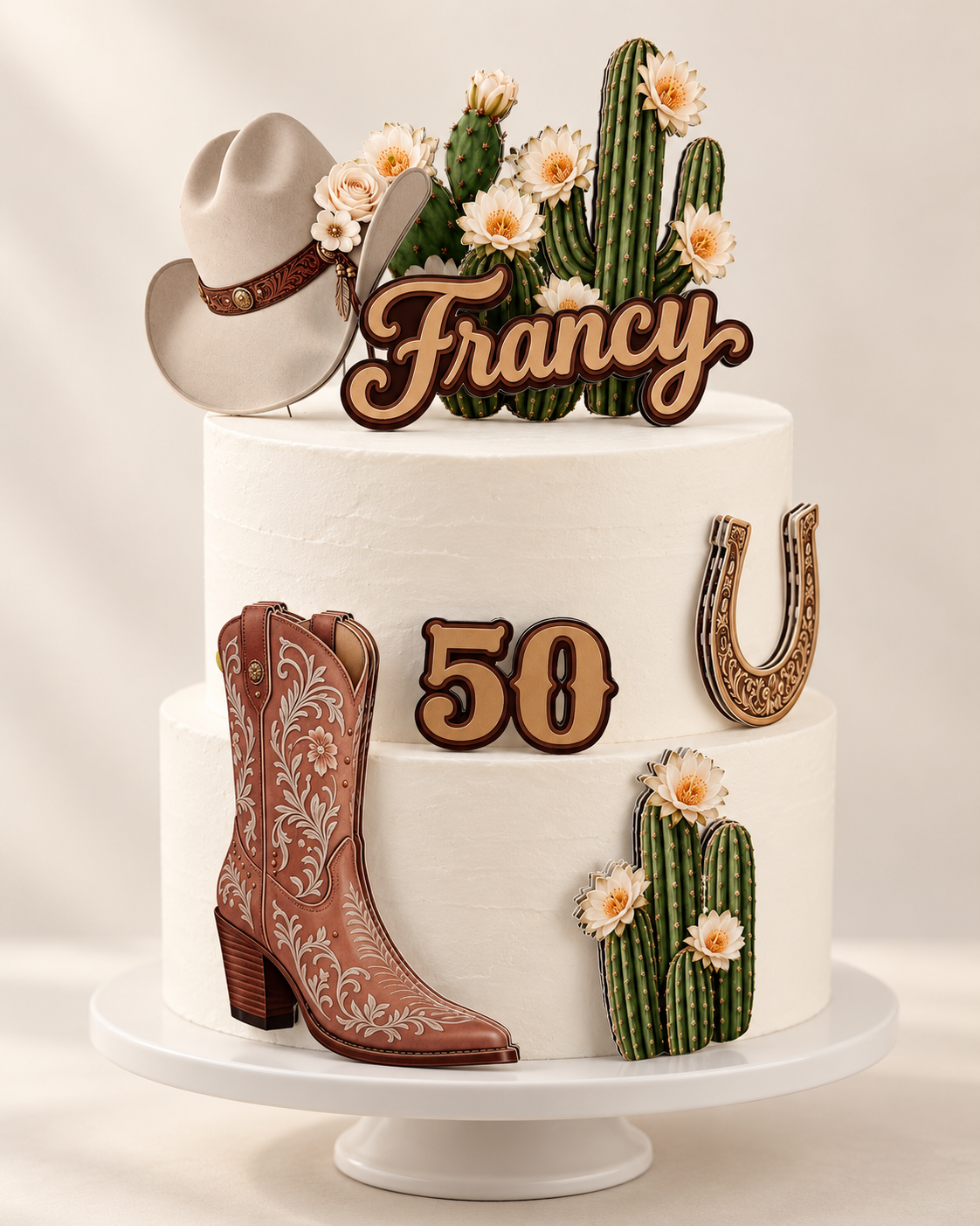Clean white cake styled with personalized western cowgirl cake decorations