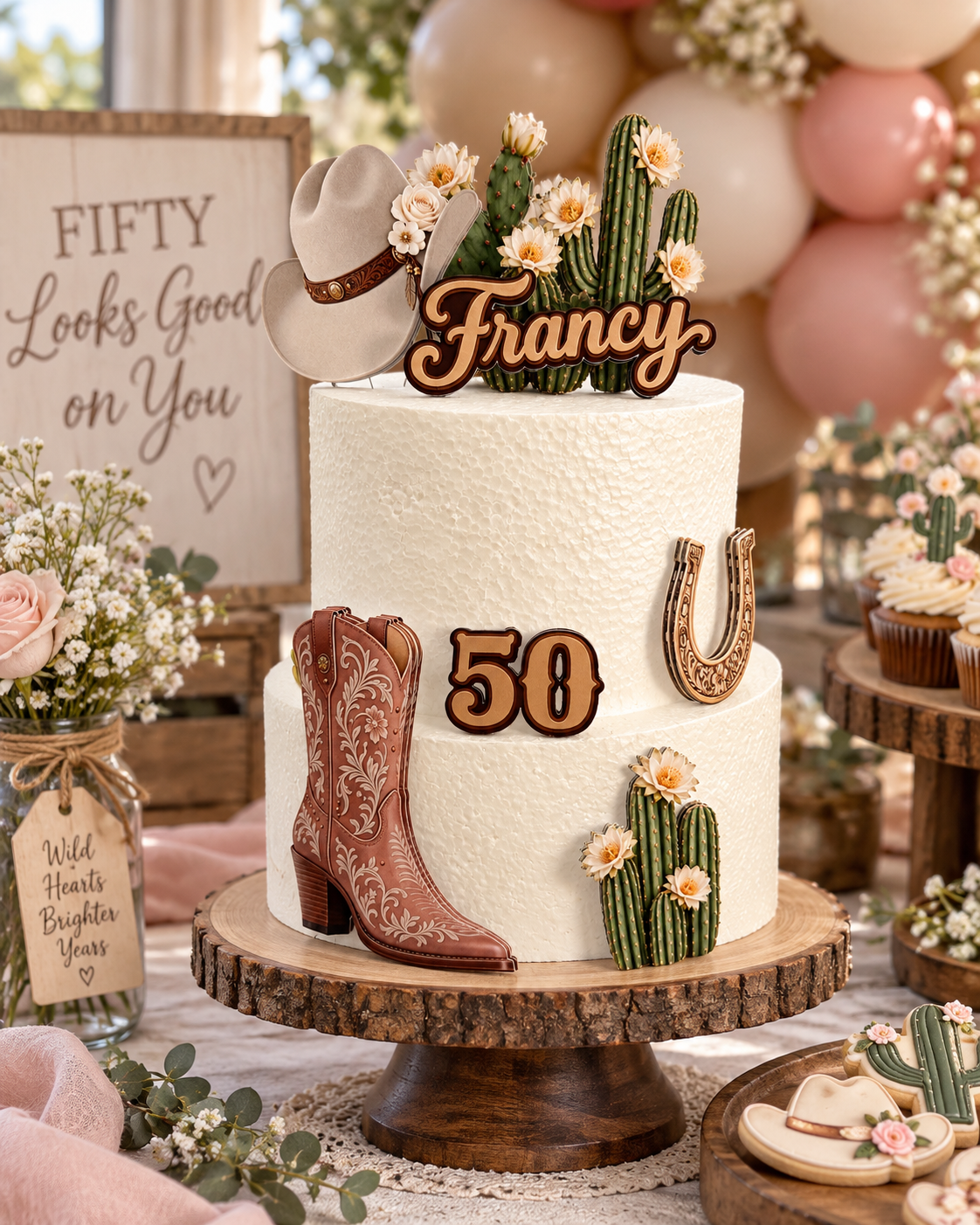 Western cowgirl birthday cake decorated with personalized name and age pieces