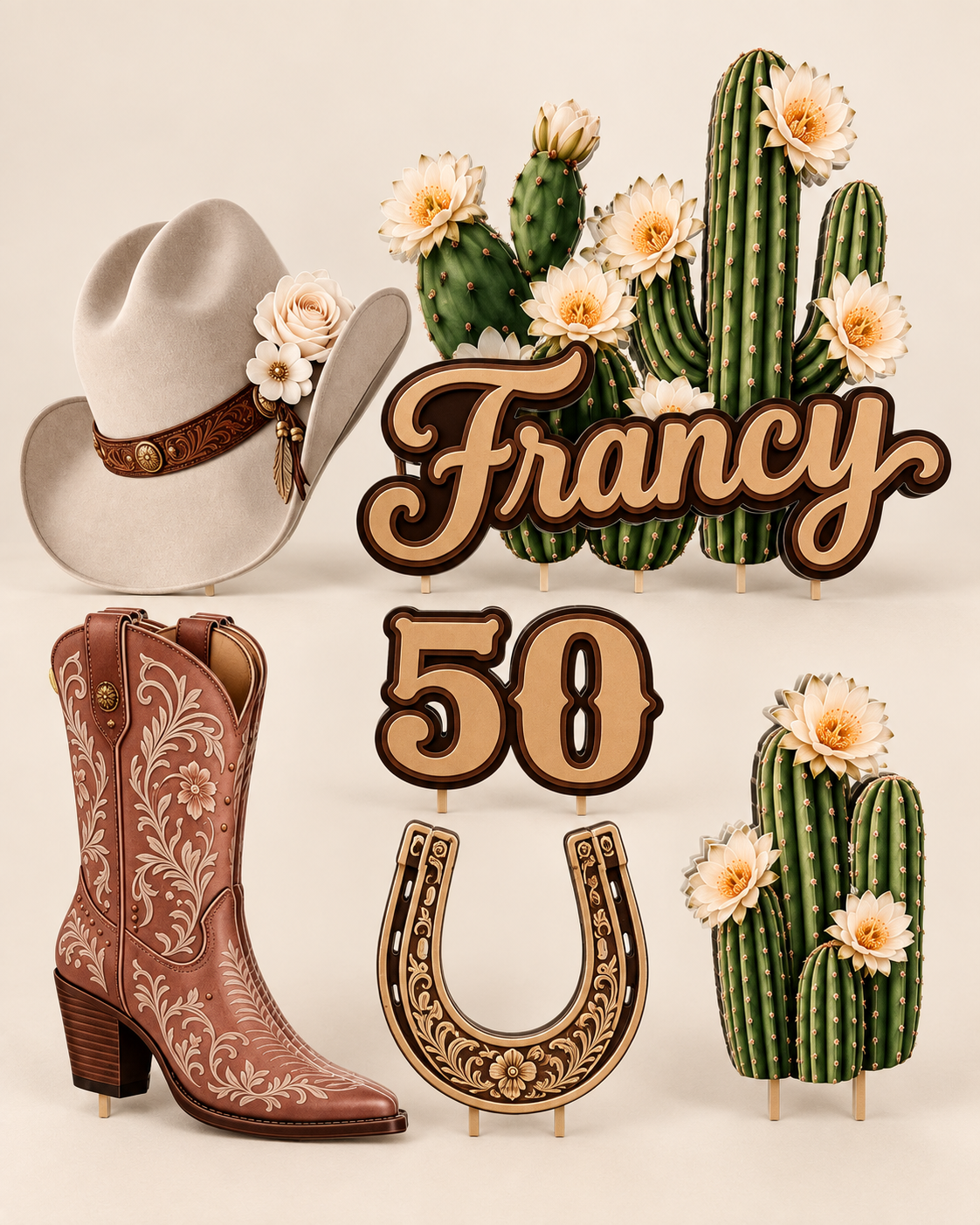 Personalized western cowgirl cake decorations set with name, age, cowboy hat, cactus, boot and horseshoe